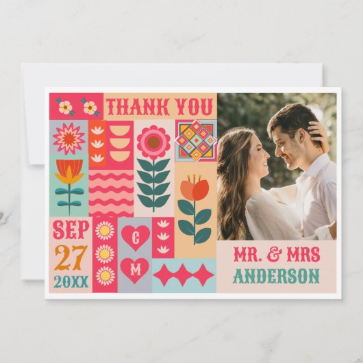 レトロボーはっきりしたーフローラ&ブカラフルライト結婚ズ サンキューカード (正面)