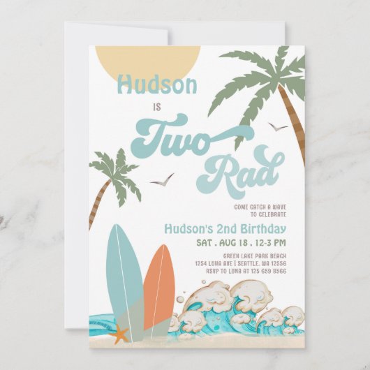 レトロボーイサーフサーフィン2ndバースデーツー素晴らしいパーティー 招待状 (正面)
