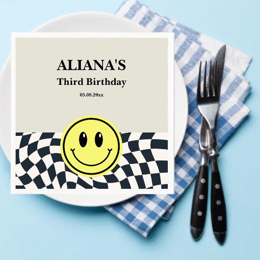 レトロボーイ黒白市松模様に生誕生日 スタンダードカクテルナプキン