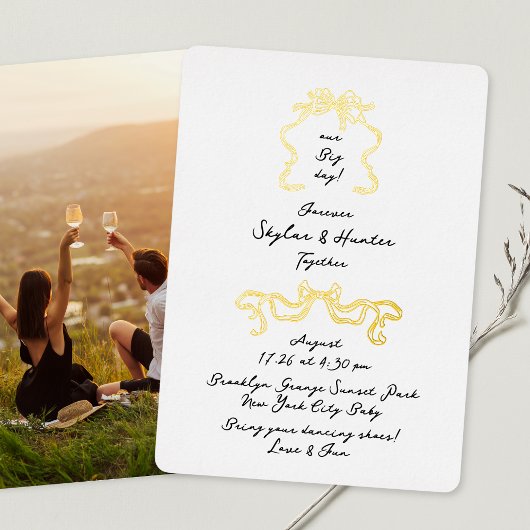 レトロボーズドール手書きブラック&ホワイト&金ゴールド 箔招待状