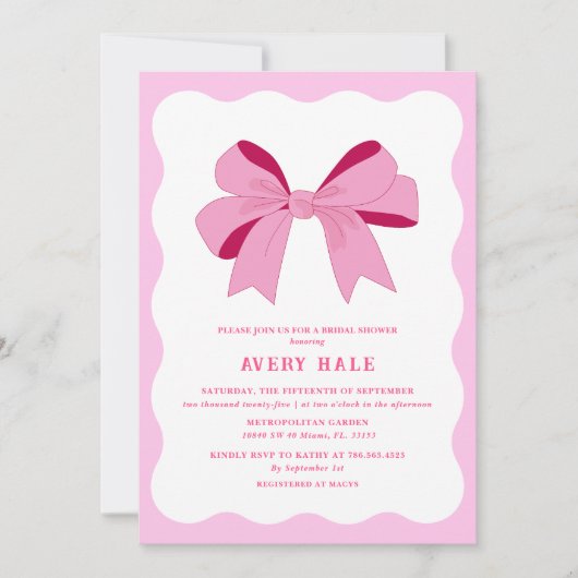 レトロボーピンク薄紫シック曲線ウェーブライダルシャワー 招待状 (正面)