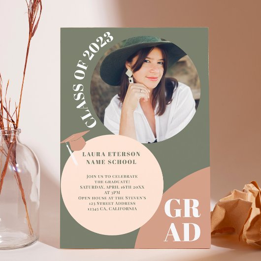 レトロボーホサークルグリーンブラウン5枚の写真卒業 招待状