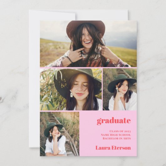 レトロボーホサークルレッドピンク5枚の写真卒業 招待状 (裏面)