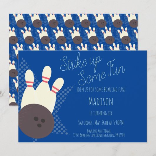 レトロボーリングアレーバースデーパーティーブルー招待状 招待状 (正面/裏面)