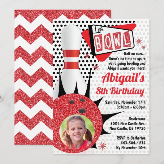 レトロボーリングパーティーソックホップピンアップ写真 招待状 (正面/裏面)