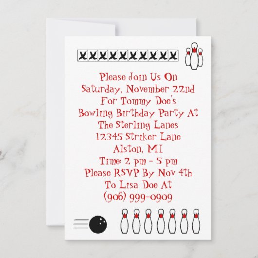 レトロボーリング主題パーティの招待状リンゴバック 招待状 (正面)