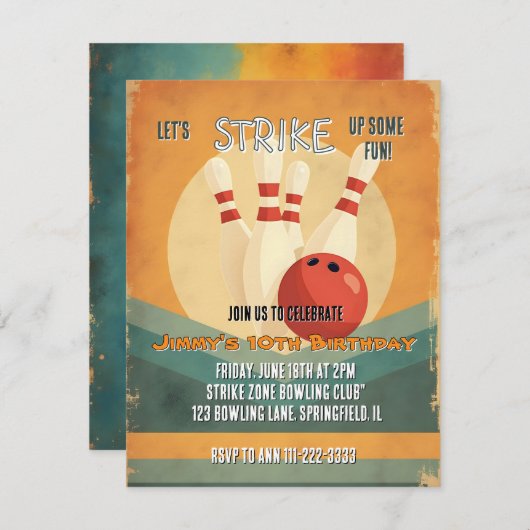 レトロボーリング子供の誕生日パーティの招待状 シーズンカード (正面/裏面)