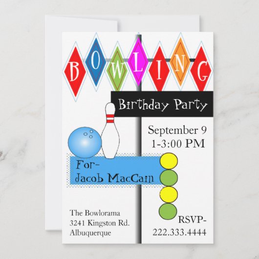 レトロボーリング符号誕生日招待状 招待状 (正面)