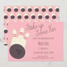 レトロボーリング路誕生日パーティーピンク招待状