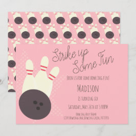 レトロボーリング路誕生日パーティーピンク招待状 招待状