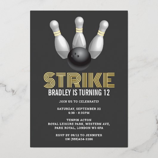 レトロボーリングany年齢誕生日実在 箔招待状 (正面)