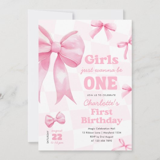 レトロボー市松模様にフ・誕生日招待状 招待状 (正面)