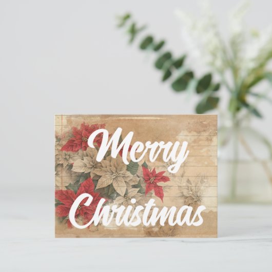 レトロポインセチア花グランジメリークリスマス ポストカード (スタンド正面)