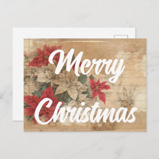 レトロポインセチア花グランジメリークリスマス ポストカード (正面/裏面)