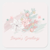 レトロポインセティアス水彩ピンクと緑 スクエアシール (正面)