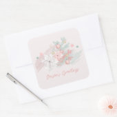 レトロポインセティアス水彩ピンクと緑 スクエアシール (封筒)