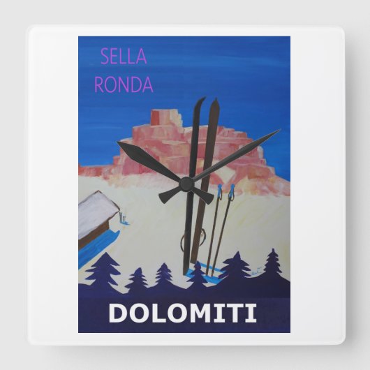 レトロポスタードロミティItaly at Sella Ronda スクエア壁時計 (正面)