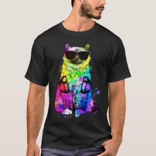 レトロポップなバーマン猫の肖像画 ヘッドホン付き Tシャツ