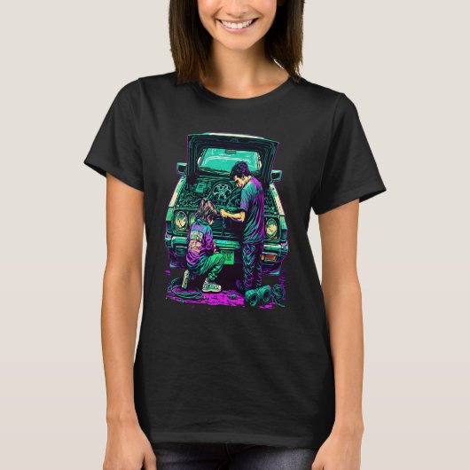レトロポップな自動車修理工の父と娘 Tシャツ (正面)