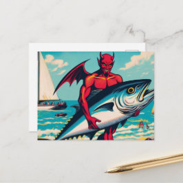 レトロポップアートの浜辺のマグロを持つ悪魔 ポストカード