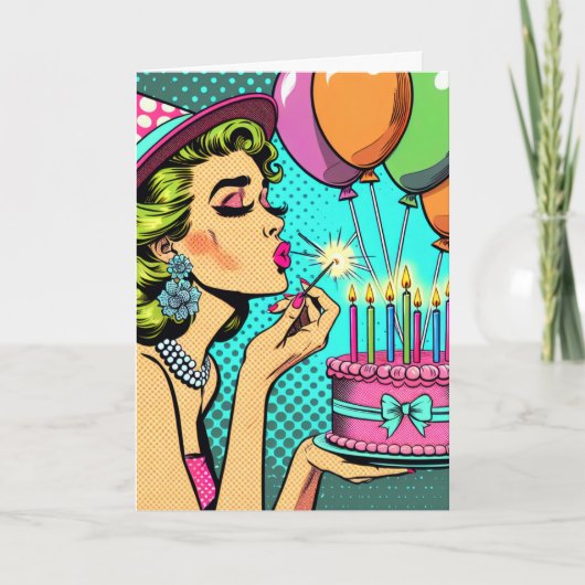 レトロポップ・アートのアートウーマンがケーキを持つハッピーバースデー カード (正面)