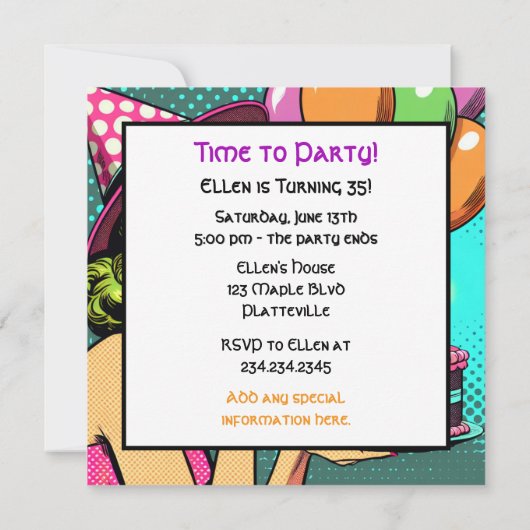 レトロポップ・アートのアートウーマンがケーキ誕生日パーティーを開く 招待状 (裏面)