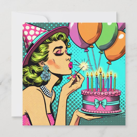 レトロポップ・アートのアートウーマンがケーキ誕生日パーティーを開く 招待状 (正面)