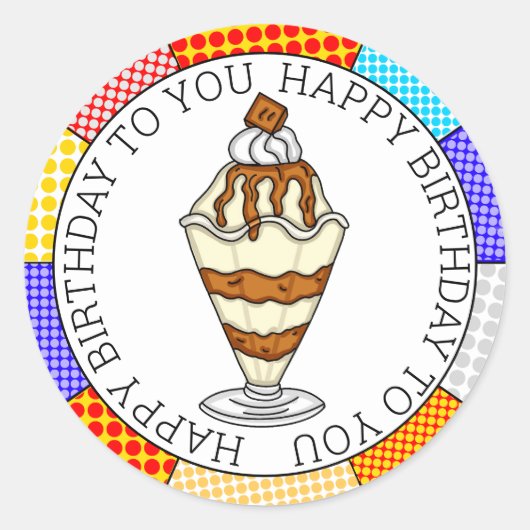 レトロポップ・アートのアートカラメルアイスクリームサンデ ラウンドシール (正面)