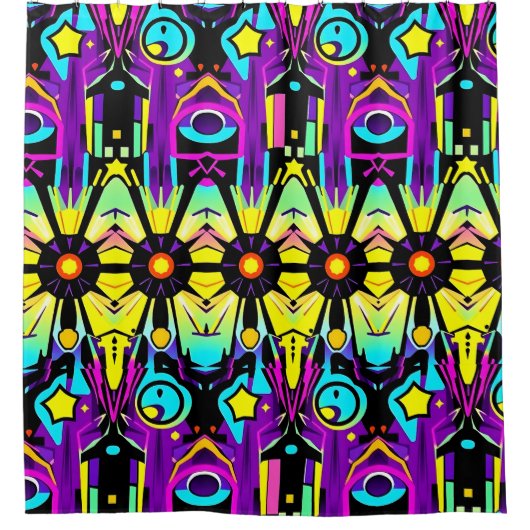 レトロポップ・アートのアートシャワーカー鮮やかテン – & よくはしゃぐ シャワーカーテン (正面)