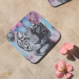 レトロポップ・アートのアートタイガーと蝶コラージュ コースター