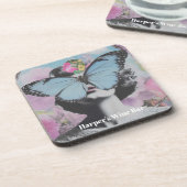 レトロポップ・アートのアートピンクアンドブルーバタフライ コースター (左側)