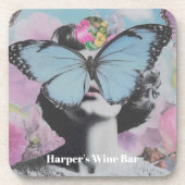 レトロポップ・アートのアートピンクアンドブルーバタフライ コースター (正面)