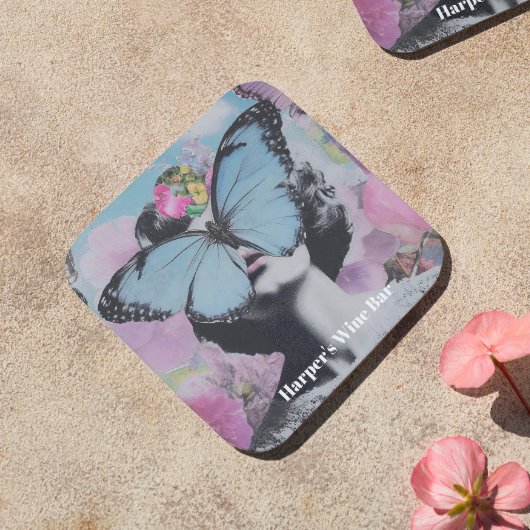 レトロポップ・アートのアートピンクアンドブルーバタフライ コースター