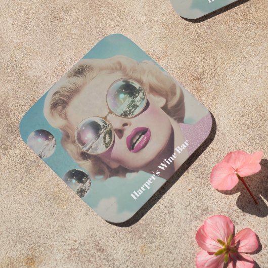 レトロポップ・アートのアートピンク&ブルー宇宙女性 コースター