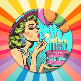 レトロポップ・アートのアートピンナップ女性とお誕生日ケーキ ラウンドシール
