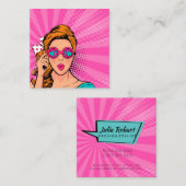 レトロポップ・アートのアートブロンデレディーワウピンクID556 スクエア名刺 (正面/裏面)