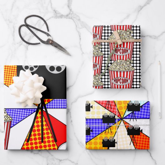 レトロポップ・アートのアート映画の夜をテーマにした誕生日パーティー ラッピングペーパーシート (正面)