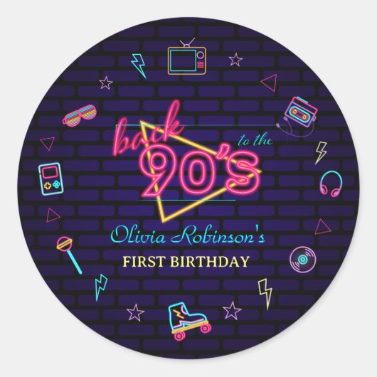 レトロポップ・アートのネオンキッズ誕生日Bash ラウンドシール (正面)