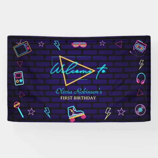レトロポップ・アートのネオンキッズ誕生日Bash 横断幕 (横)