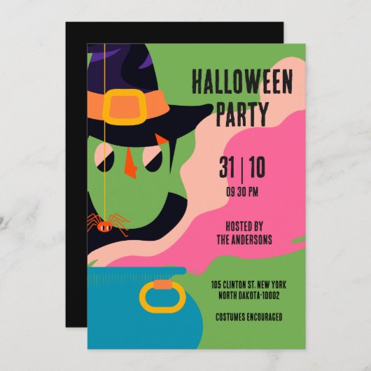 レトロポップ・アートのハロウィンヴィンテージ衣装パーティー 招待状 (正面/裏面)