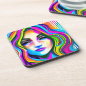 レトロポートレートのレインボーヘア女性 コースター (左側)