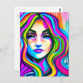 レトロポートレートのレインボーヘア女性 ポストカード (正面/裏面)