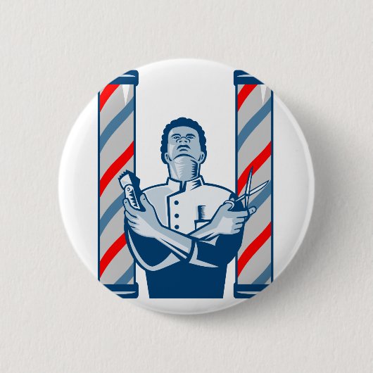 レトロポーランド人の毛のクリッパーおよびはさみを持つ理容師 缶バッジ (正面)