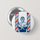 レトロポーランド人の毛のクリッパーおよびはさみを持つ理容師 缶バッジ (正面&裏面)