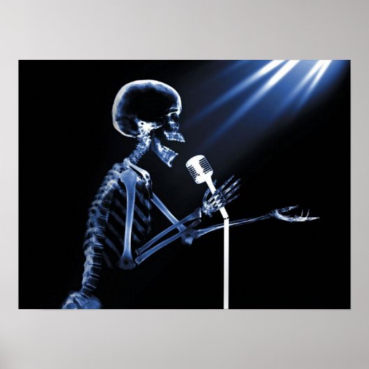 レトロマイクで歌うX線スケルトン – 青 ポスター (正面)