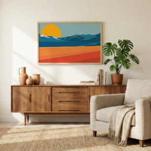 レトロマウンテンランドスケープイラストレーションブルーイエロー ポスター