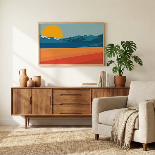 レトロマウンテンランドスケープイラストレーションブルーイエロー ポスター