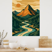 レトロマウンテンランドスケープイラストレーションレッドブルー ポスター (キッチン)