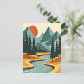 レトロマウンテンランドスケープイラストレーションレッドブルー ポストカード (スタンド正面)