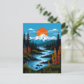レトロマウンテンランドスケープイラストレーションレッドブルー ポストカード (スタンド正面)